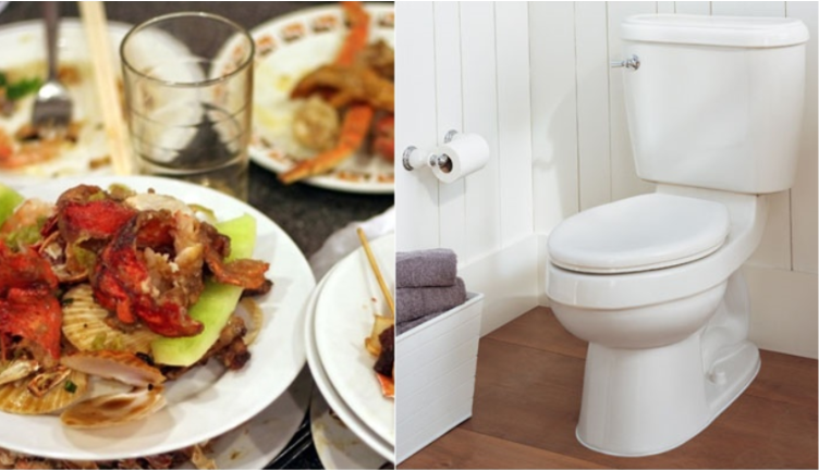 Đổ thức ăn thừa xuống bồn cầu khiến bồn cầu xuất hiện những vết ố v&agrave;ng